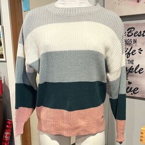 Hollister Women's Striped Sweater - Cream, Gray, Pink, Green Size Small